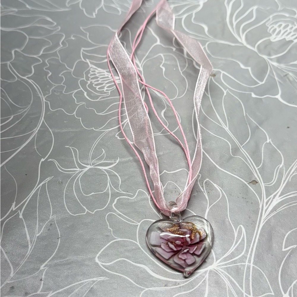 Pink Glass Heart with Flower Pendant Necklace with Ribbon Chain